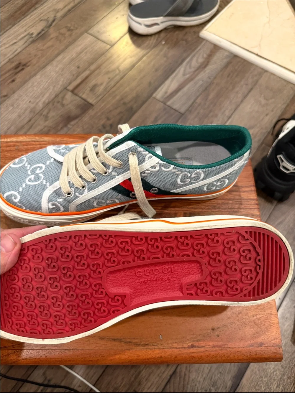 Gucci men’s size 9 Gray Canvas Sneakers with Green and Red Web and Orange Trim